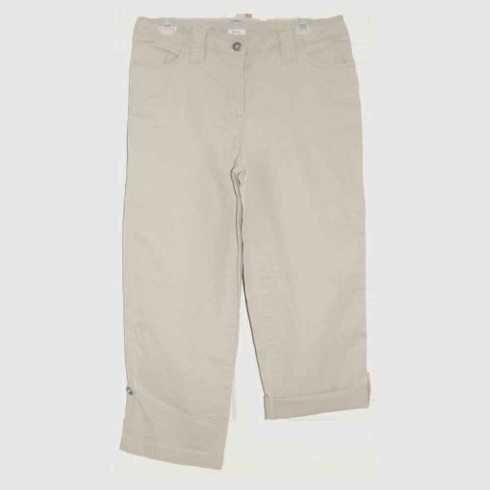 Liz Clairborne Capri Cotton Stretch Pants, Women Size 10 (Waist: 34.5"), Tan
